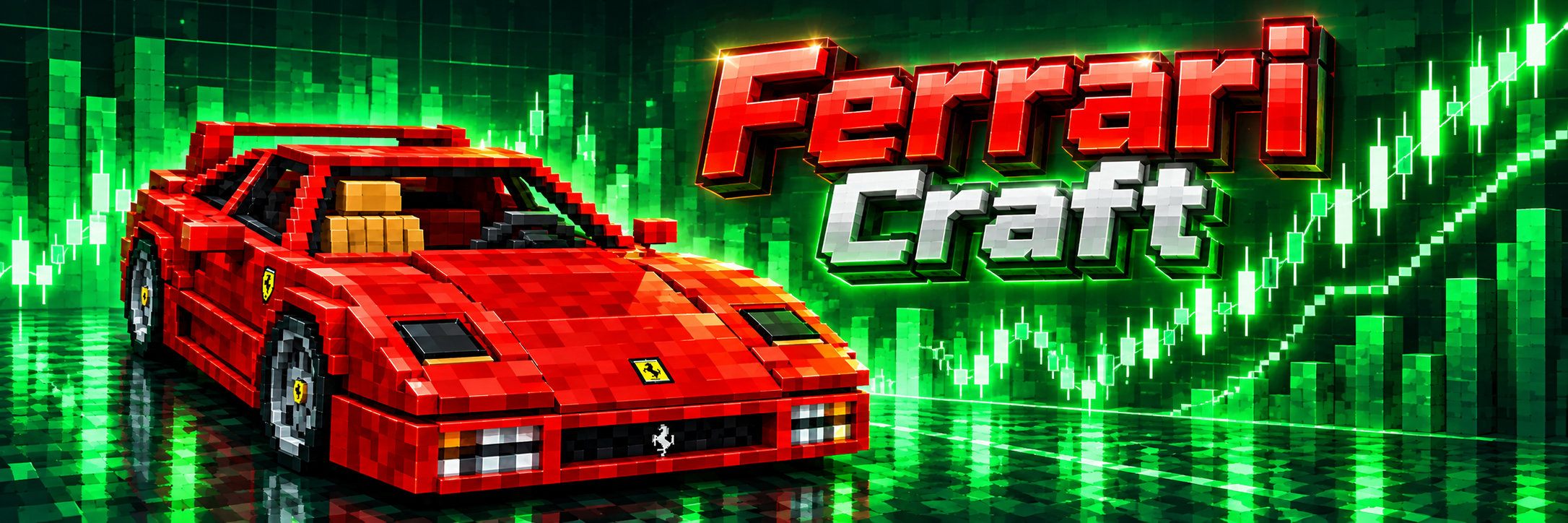 Voxel Ferrari Craft red racing car and neon green candlestick charts