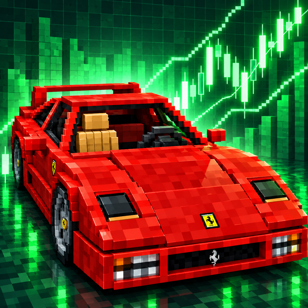 Minecraft voxel red sports car in front of green trading candles